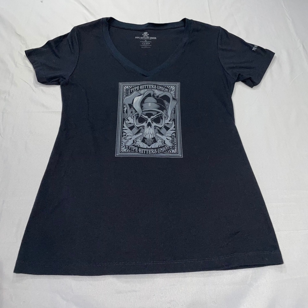 Pipe Hitters Union Womens Black V-Neck Graphic T-Shirt Skull Jester Size L